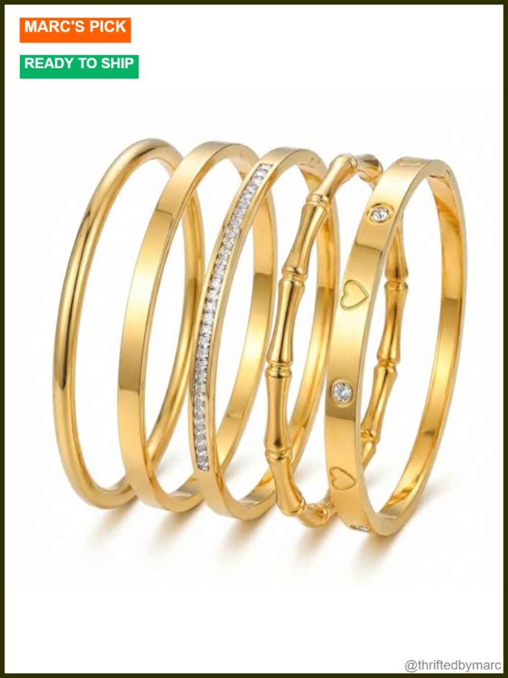 5pc 18K Gold Plated Stainless Steel Bangle Bracelet Set Stackable Waterproof